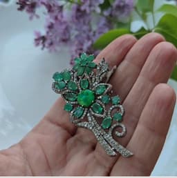 Green Opal Floral Brooch, Sterling Silver Emerald Diamond Pin thumbnail 6