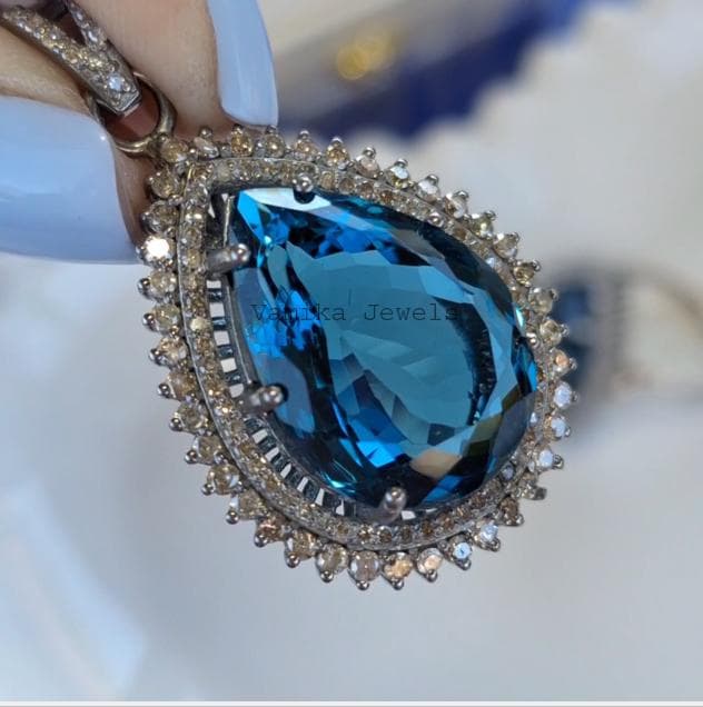 Natural London Blue Topaz Diamond Pendant, 925 Sterling Silver Double Halo Statement Jewelry