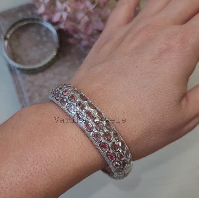 Natural Morganite Bangle Bracelet, Handmade 925 Sterling Silver Pink Gemstone Statement Jewelry