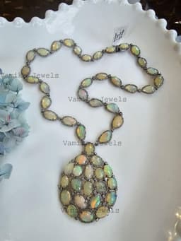 Natural Fire Opal Cluster Necklace - 925 Sterling Silver Pave Diamond Statement Jewelry thumbnail 5