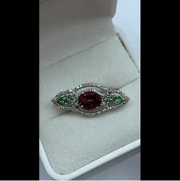 Natural Rubellite Tourmaline Brooch, 925 Sterling Silver Tsavorite Diamond Multi Stone Statement Jewelry thumbnail 2