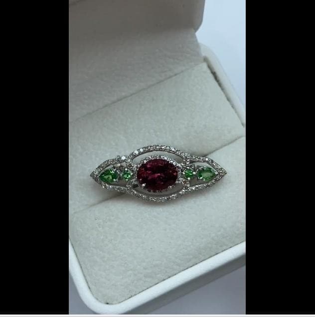 Natural Rubellite Tourmaline Brooch, 925 Sterling Silver Tsavorite Diamond Multi Stone Statement Jewelry