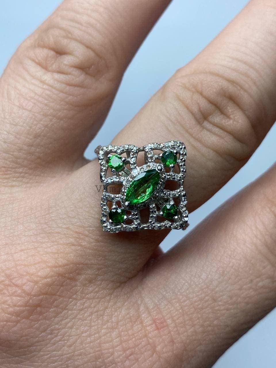 Natural Tsavorite & Diamond Ring, 925 Sterling Silver Green Garnet Jewelry, Wedding Jewelry