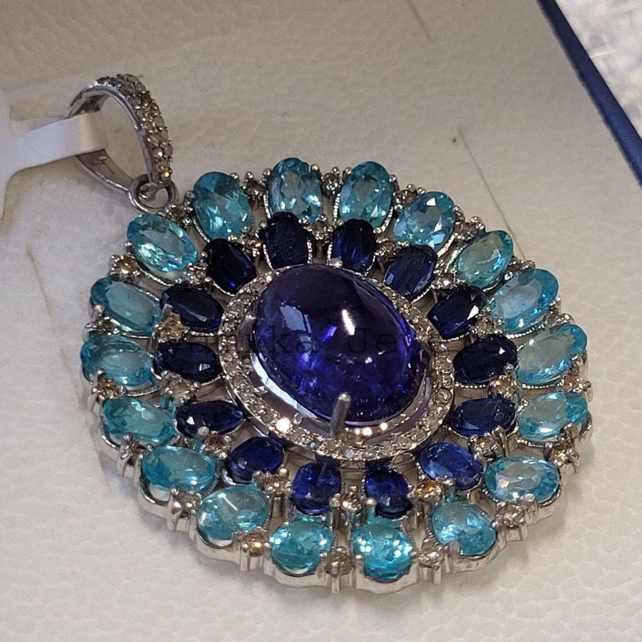 Natural Tanzanite Halo Pendant, Sterling Silver Kyanite Apatite Diamond Multi-Stone Cluster Jewelry