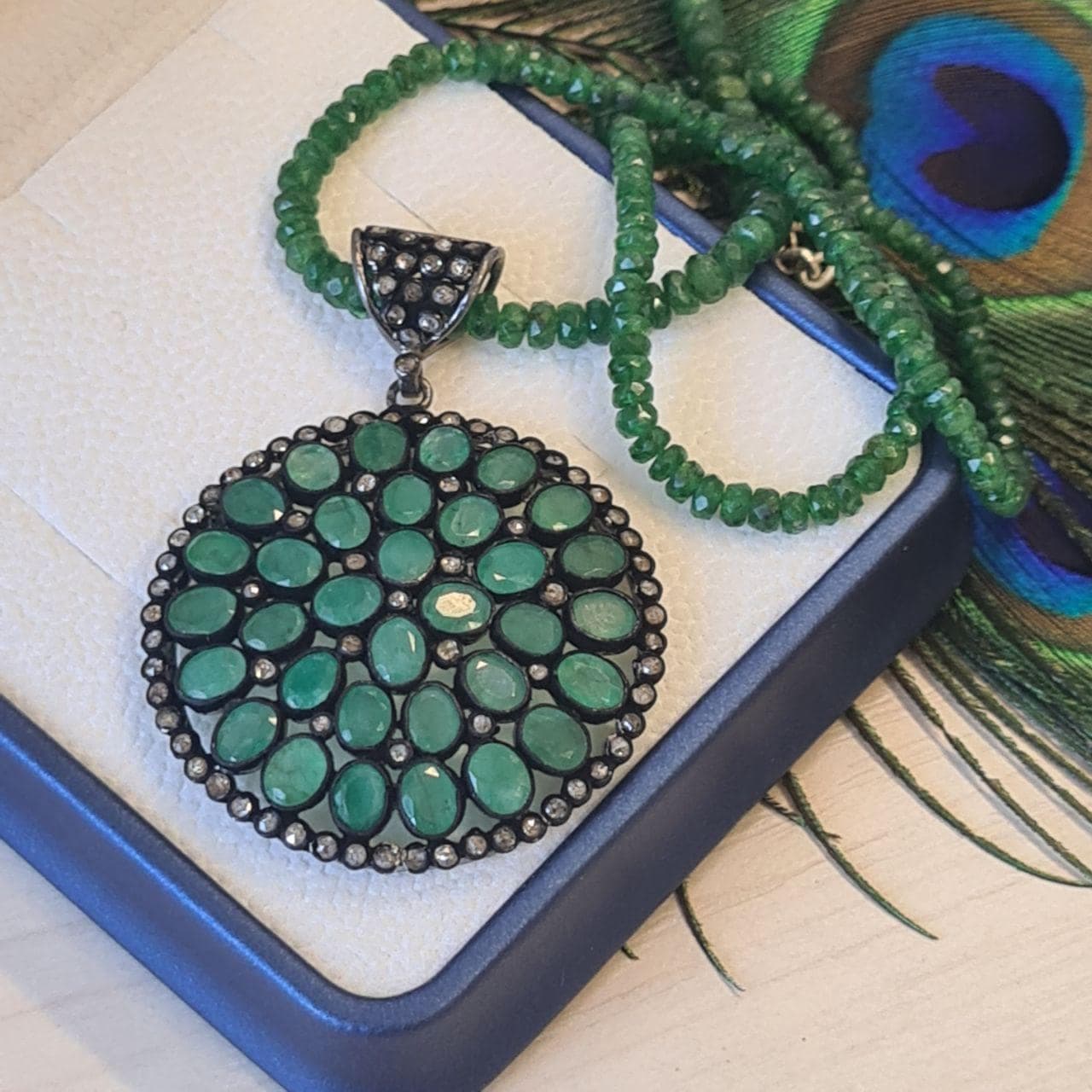 Natural Emerald & Diamond Pendant, Sterling Silver Floral Statement Jewelry, Handmade Green Gemstone Design