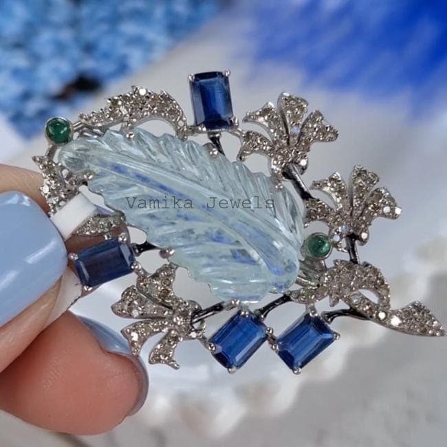 Natural Carved Aquamarine Emerald Brooch, 925 Sterling Silver Kyanite Diamond Jewelry, Wedding Gift