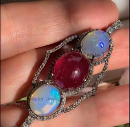 Natural Ruby & Fire Opal Bracelet, Sterling Silver Pave Diamond Multi Stone Cocktail Jewelry thumbnail 8