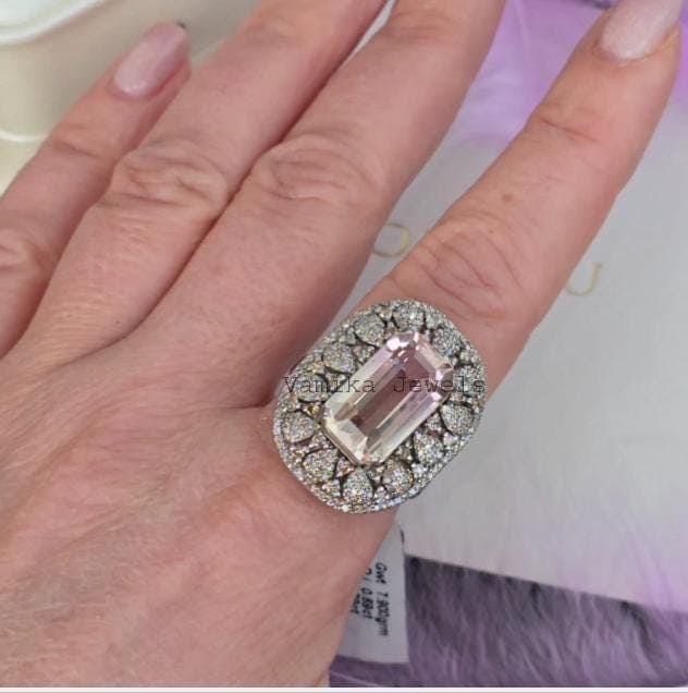 Natural Kunzite & Diamond Ring, 925 Sterling Silver Bridal Cocktail Statement Jewelry
