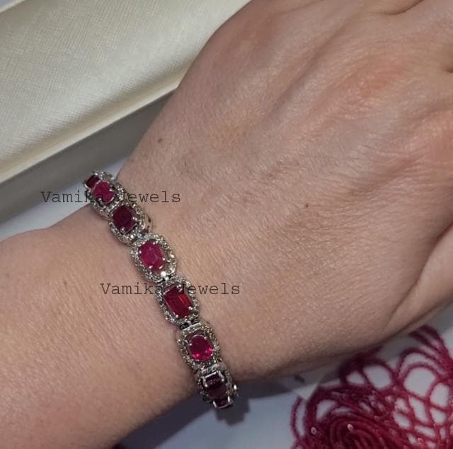 Natural Ruby & Pave Diamond Bracelet, Handmade 925 Sterling Silver Halo Gemstone Jewelry