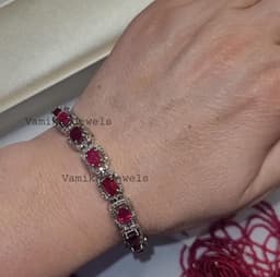 Natural Ruby & Pave Diamond Bracelet, Handmade 925 Sterling Silver Halo Gemstone Jewelry thumbnail 6