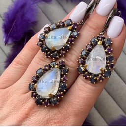 Natural Moonstone Sapphire Ring Earring Set – Gold Plated 925 Sterling Silver Amethyst Statement Jewelry thumbnail 3