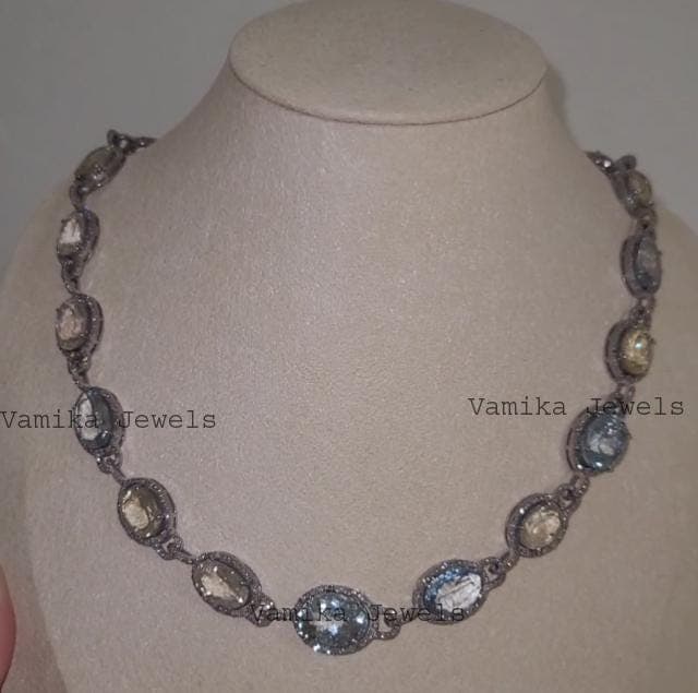 Aquamarine Heliodor Diamond Necklace - Sterling Silver Bridal Jewelry