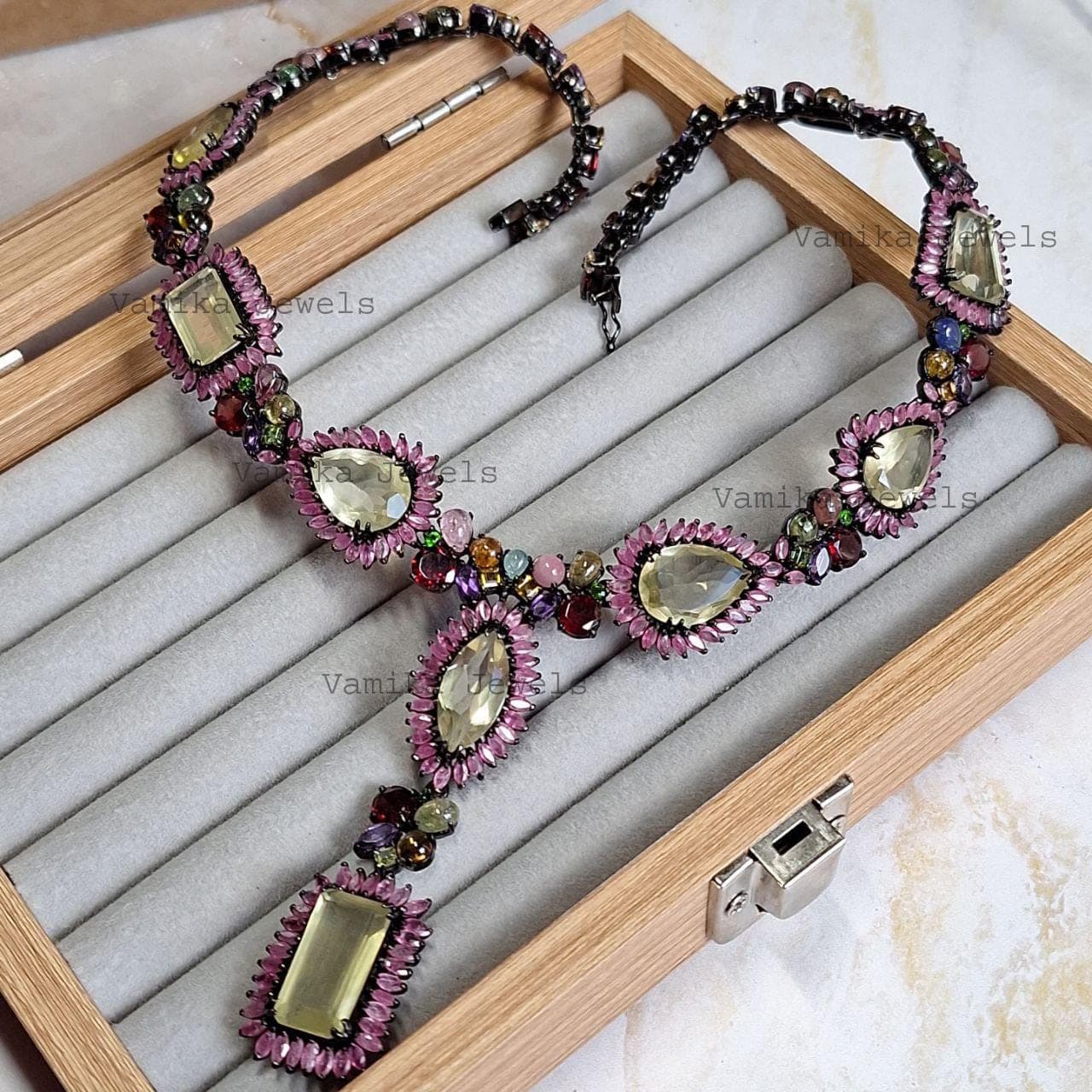 Natural Lemon Topaz Ruby Cluster Necklace, 925 Sterling Silver Tourmaline Multi Stone Statement Jewelry