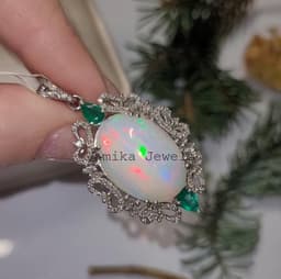 Natural Fire Opal Diamond Pendant, Emerald Halo, Sterling Silver thumbnail 3