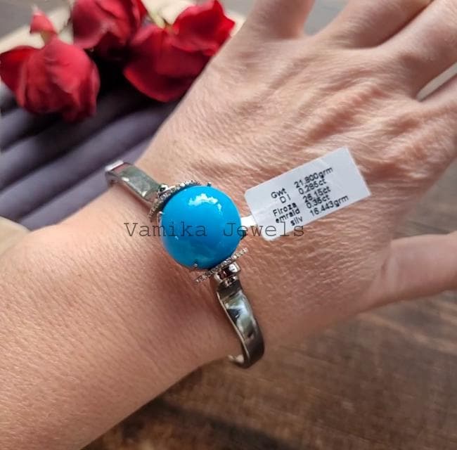 Turquoise Emerald Diamond Bangle, Sterling Silver, Statement Jewelry