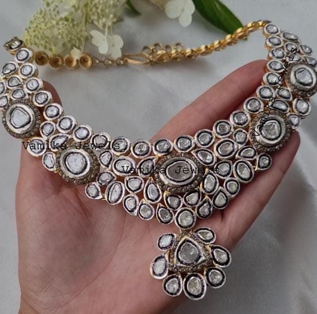 Polki Diamond Bridal Necklace - Sterling Silver Pave Setting