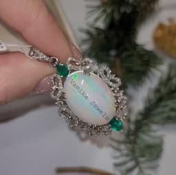Natural Fire Opal Diamond Pendant, Emerald Halo, Sterling Silver thumbnail 7