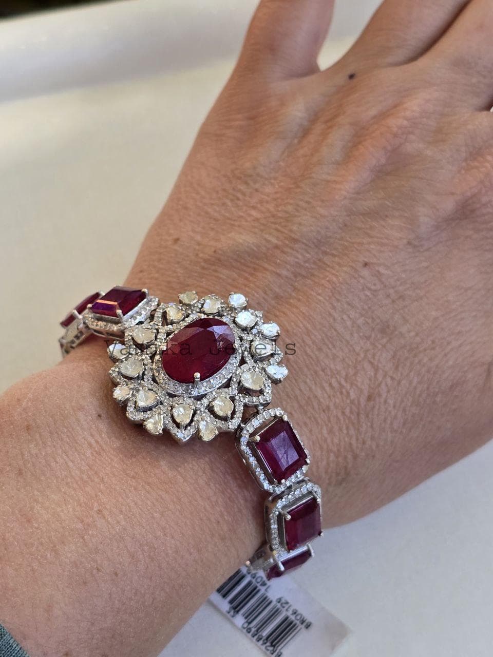 Natural Ruby Bracelet, 925 Sterling Silver Polik Pave Diamond Halo Statement Jewelry