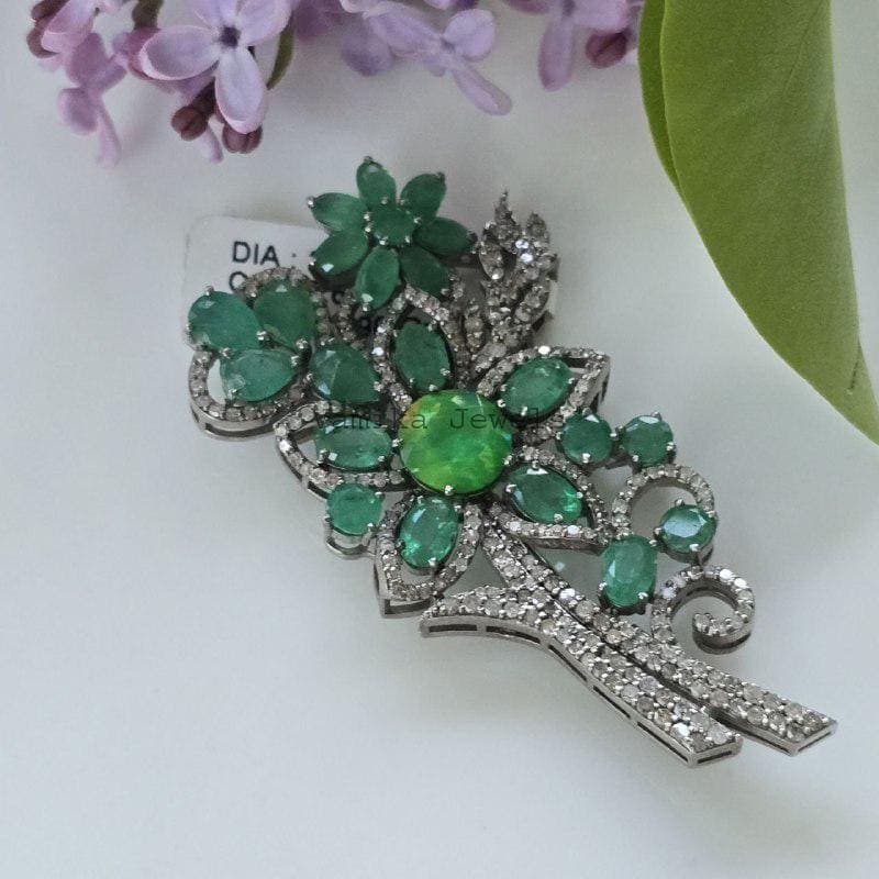 Green Opal Floral Brooch, Sterling Silver Emerald Diamond Pin