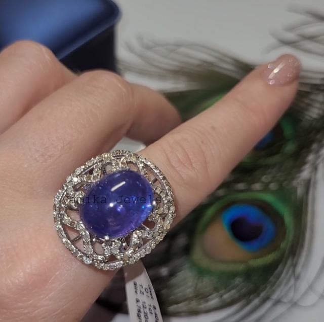 Natural Tanzanite & Diamond Halo Ring, Handmade Sterling Silver Jewelry, Elegant December Birthstone Ring