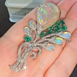 Natural Opal & Emerald Brooch Pin, 925 Sterling Silver Diamond Wedding Jewelry, Birthday Gift thumbnail 8