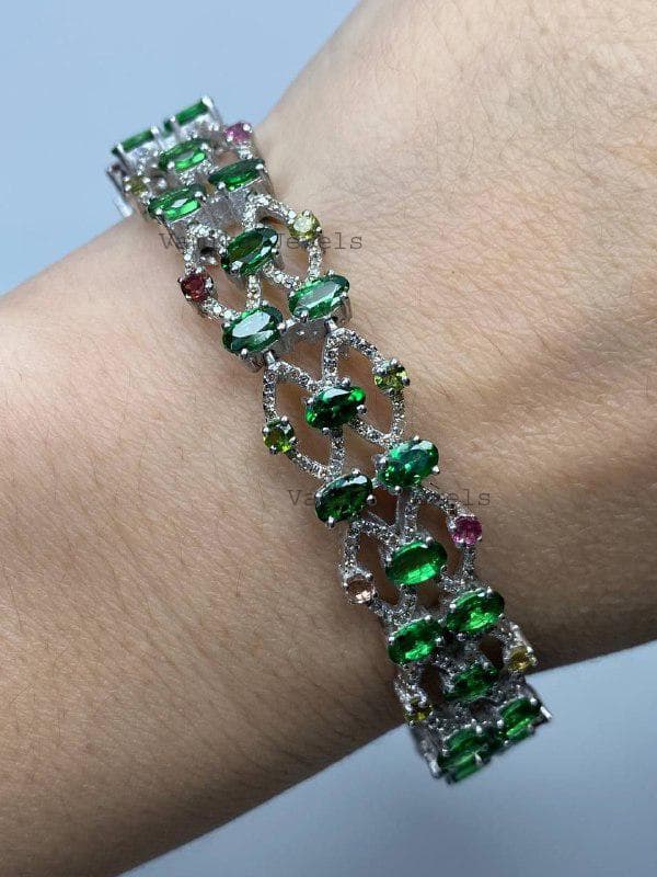 Natural Tsavorite & Diamond Tennis Bracelet, 925 Sterling Silver Elegant Multi Tourmaline Statement Jewelry