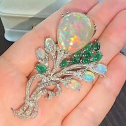 Natural Opal & Emerald Brooch Pin, 925 Sterling Silver Diamond Wedding Jewelry, Birthday Gift thumbnail 3