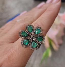 Emerald Flower Ring, Pave Diamond Halo, Sterling Silver Cocktail Ring thumbnail 5