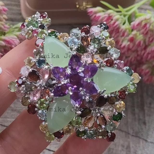Sterling Silver Floral Brooch Pendant, Natural Prehnite Tourmaline & Amethyst Gemstone Jewelry