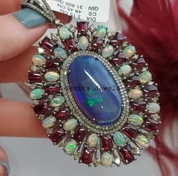 Blue Opal Diamond Pendant, Sterling Silver Tourmaline Halo thumbnail 4