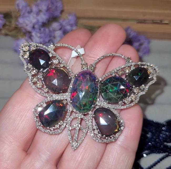 Natural Black Opal Butterfly Brooch Pin, Sterling Silver Diamond Accent Party Statement Jewelry
