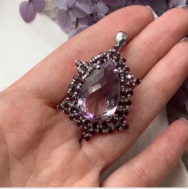 Natural Amethyst & Rhodolite Brooch Pendant, Sterling Silver Multi Stone Cluster Statement Jewelry