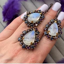 Natural Moonstone Sapphire Ring Earring Set – Gold Plated 925 Sterling Silver Amethyst Statement Jewelry thumbnail 7