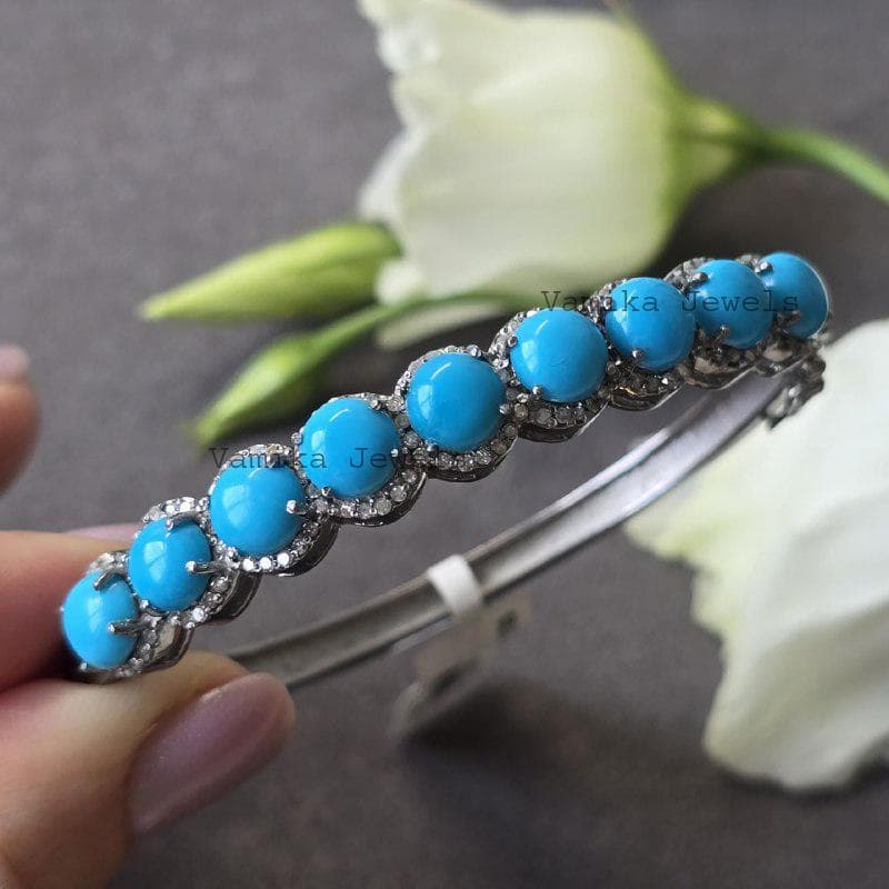 Natural Turquoise & Diamond Bangle, 925 Sterling Silver Halo Bracelet Jewelry