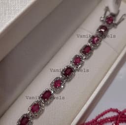 Natural Ruby & Pave Diamond Bracelet, Handmade 925 Sterling Silver Halo Gemstone Jewelry thumbnail 7