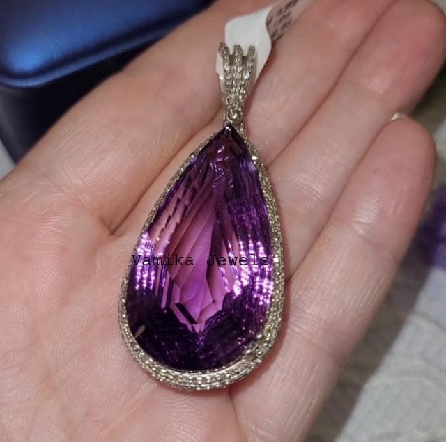 Natural Amethyst Halo Pendant, Sterling Silver Diamond Jewelry