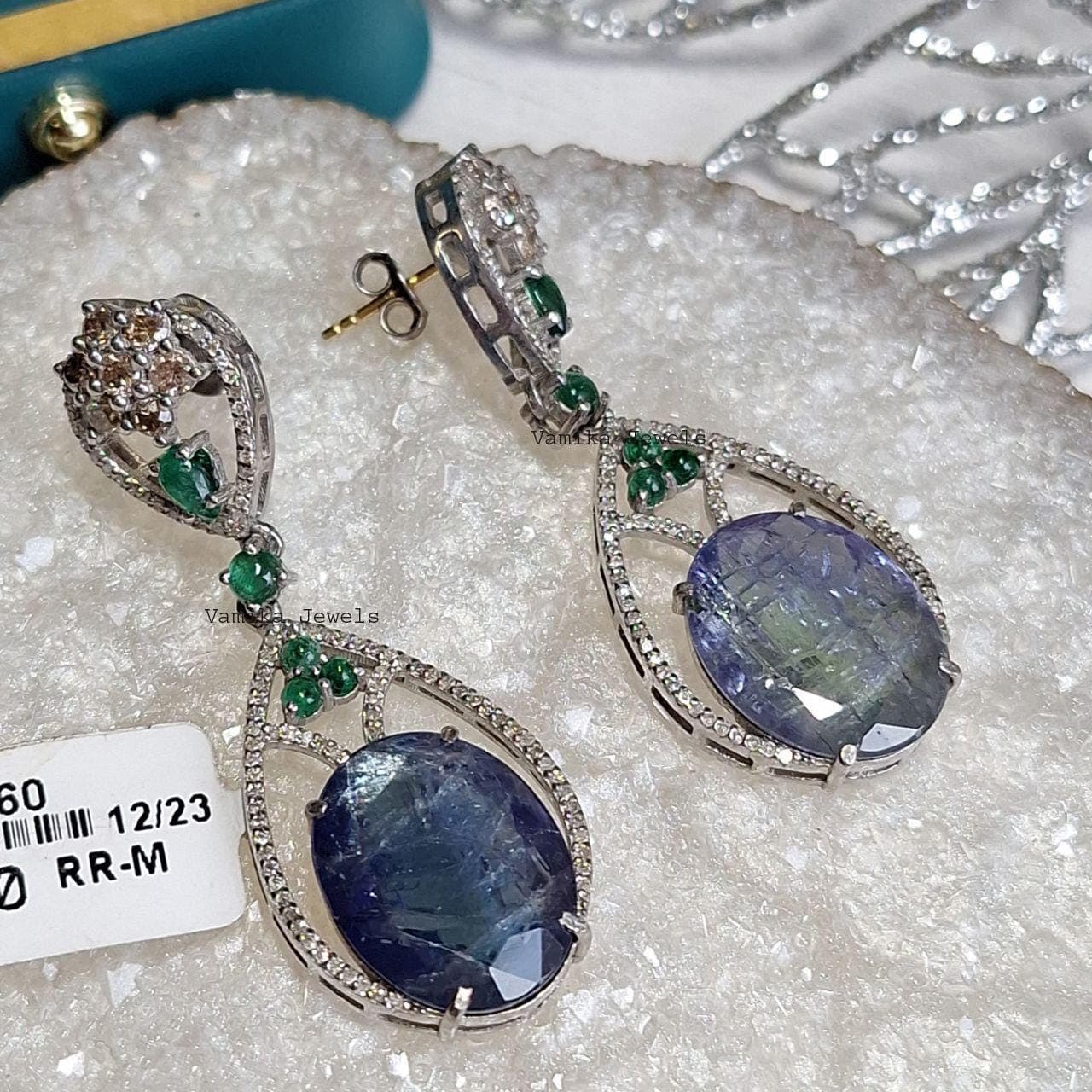 Natural Tanzanite Emerald Diamond Earrings, 925 Sterling Silver Designer Jewelry, Anniversary Gift