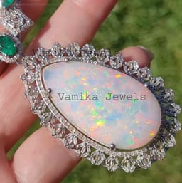 Natural Emerald & Fire Opal Diamond Necklace, 925 Sterling Silver Bridal Multi Stone Statement Jewelry thumbnail 9