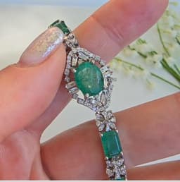 Natural Emerald & Diamond Tennis Bracelet, 925 Sterling Silver Elegant Halo Statement Jewelry thumbnail 2