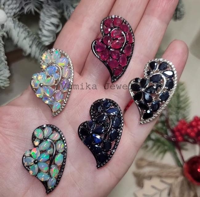 Heart Sterling Silver Gemstone Brooch Pin, Fire Opal, Ruby, Sapphire