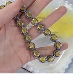 Natural Yellow Sapphire & Diamond Necklace, Handmade 925 Sterling Silver Bridal Wedding Statement Jewelry thumbnail 3