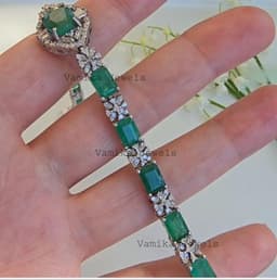 Natural Emerald & Diamond Tennis Bracelet, 925 Sterling Silver Elegant Halo Statement Jewelry thumbnail 4
