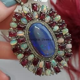 Blue Opal Diamond Pendant, Sterling Silver Tourmaline Halo thumbnail 1