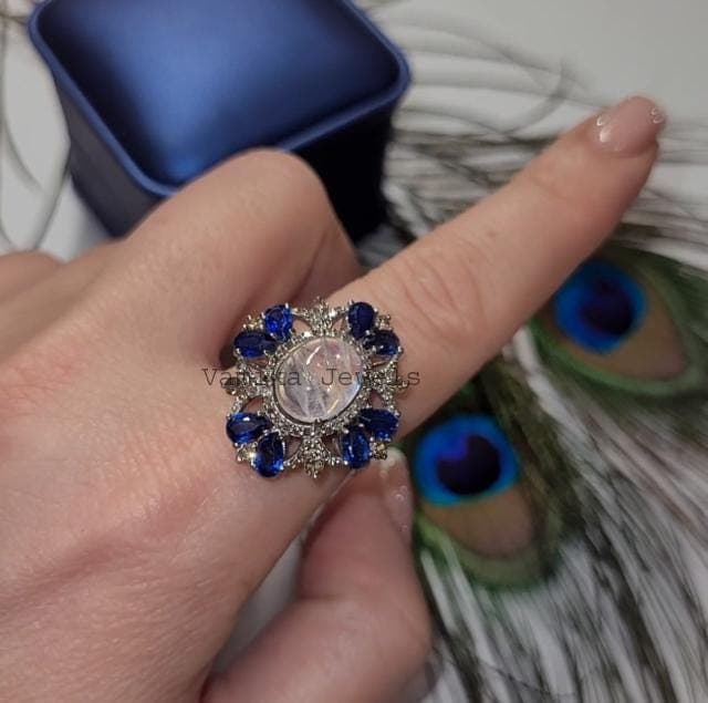 Natural Moonstone & Kyanite Diamond Ring, Sterling Silver Cocktail Statement Multi Gemstone Jewelry