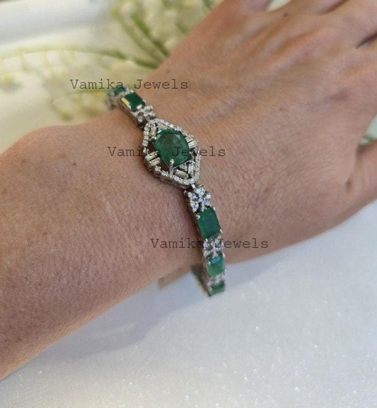 Natural Emerald & Diamond Tennis Bracelet, 925 Sterling Silver Elegant Halo Statement Jewelry