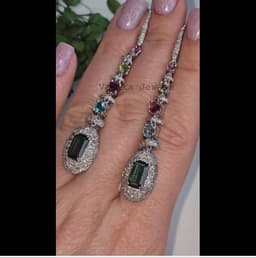 Natural Multi Tourmaline Earring - 925 Sterling Silver Pave Diamond Statement Jewelry thumbnail 2