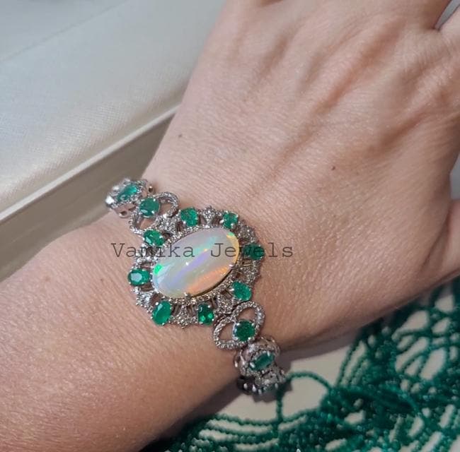 Opal Emerald Diamond Bracelet, Sterling Silver Anniversary Jewelry