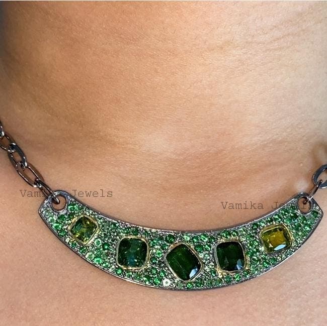 Natural Tourmaline & Tsavorite Necklace, Handmade 925 Sterling Silver Statement Jewelry, Wedding Gift For Women