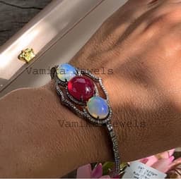 Natural Ruby & Fire Opal Bracelet, Sterling Silver Pave Diamond Multi Stone Cocktail Jewelry thumbnail 7