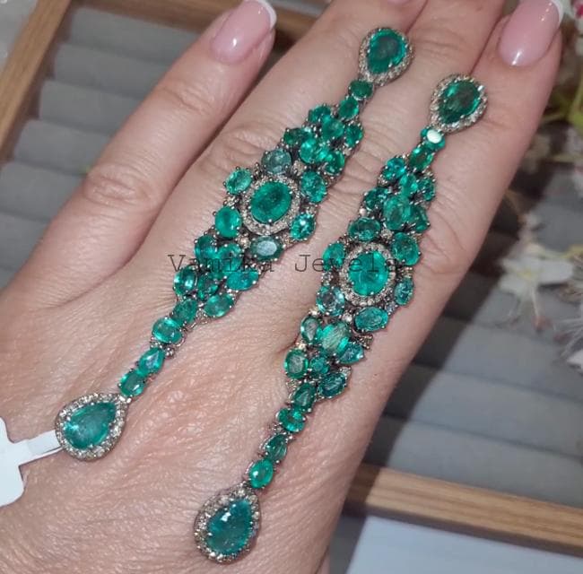 Emerald Diamond Sterling Silver Dangle Earrings, Anniversary Jewelry